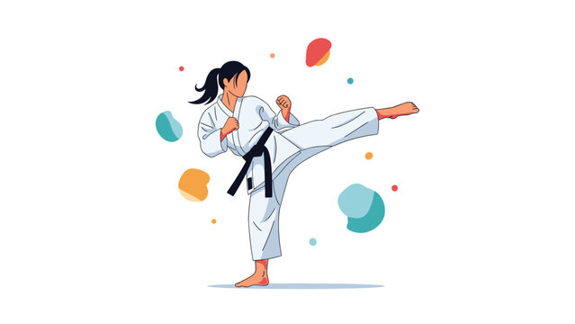 Skilled female athlete in a white gi with a black belt performing a powerful side kick during a karate or martial arts training session.