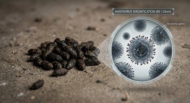 Scientific illustration or microscope view of hantavirus particles alongside dried rat droppings, representing disease transmission and rodent-borne illness