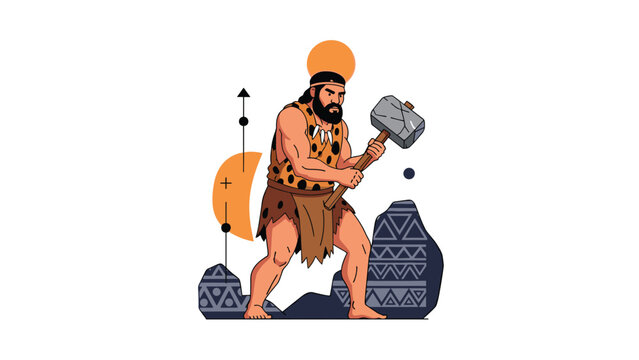 Strong caveman in a leopard print pelt holds a massive stone hammer while standing among ancient rocks and abstract symbols.