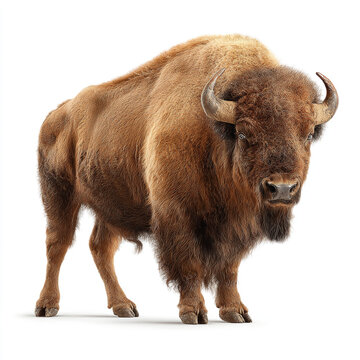 A portrait of a Cape buffalo standing against a solid white background. It features realistic dark fur textures and prominent, curved horns with a front-facing gaze.
