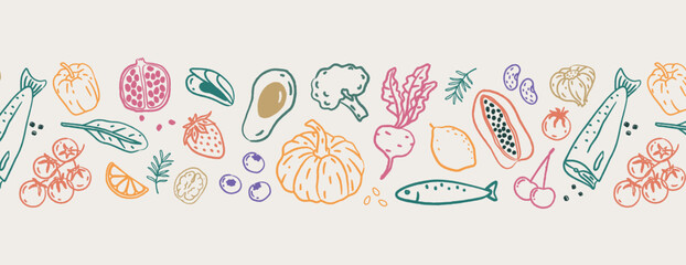Seamless horizontal border with hand drawn fruits vegetables fish and nuts. Colorful doodle vector Banner for healthy lifestyle organic market menu kitchen decor or recipe website design. © Natalya