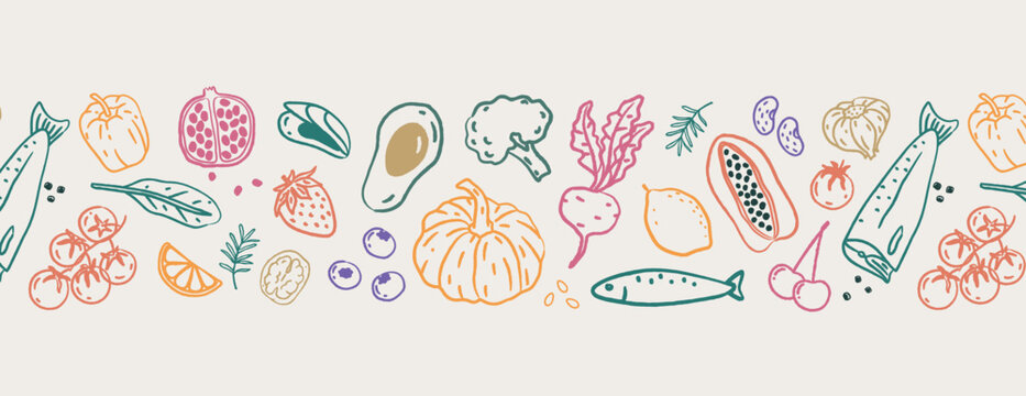 Seamless horizontal border with hand drawn fruits vegetables fish and nuts. Colorful doodle vector Banner for healthy lifestyle organic market menu kitchen decor or recipe website design.
