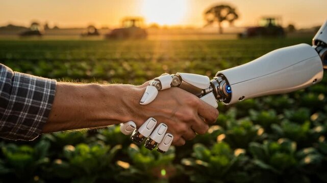 Human and robot handshake in a green field at sunset symbolizing harmony and future technology
