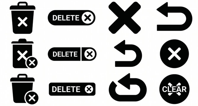 Delete controls solid icon set with trash cross and clear button flat vector