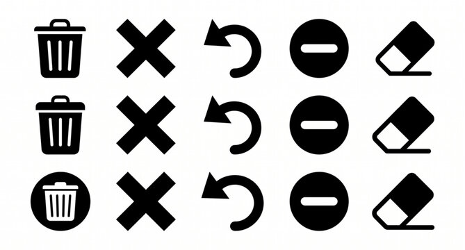 Delete and cancel solid icon set with trash remove and close symbols flat vector