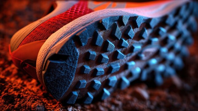 trail running shoes sole macro dirt grip texture outdoor sports detail realistic lighting