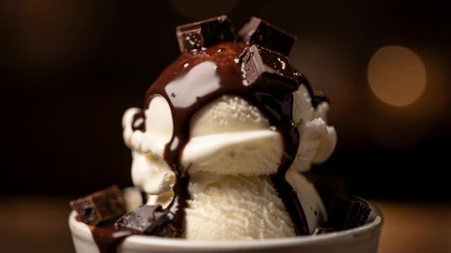 Creamy scoop of vanilla ice cream melting under rich glossy chocolate sauce dessert treat