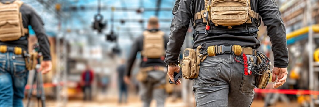 Crew Members in Utility Belts Moving Across Film Set Environment