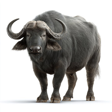 A portrait of a Cape buffalo standing against a solid white background. It features realistic dark fur textures and prominent, curved horns with a front-facing gaze.
