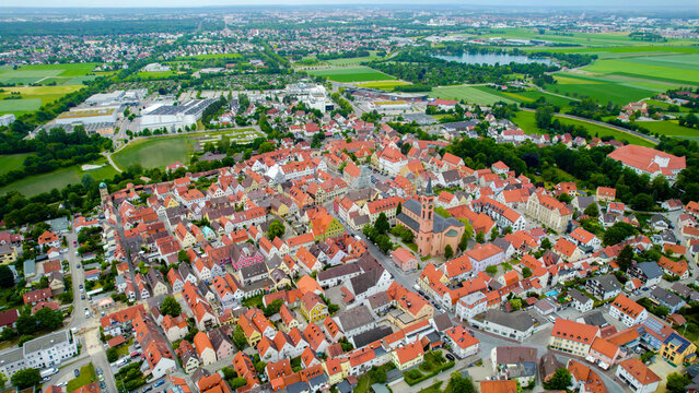 Aerial view of the old town and city Friedberg in Germany, Bavaria on a sunny noon spring afternoon