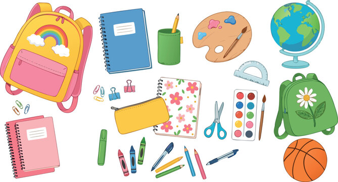 Colorful Back To School Supplies Set Featuring Backpacks Notebooks Art Tools And Educational Equipment Isolated On White
