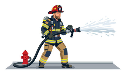 Fototapeta premium Firefighter in full gear using hose to extinguish fire