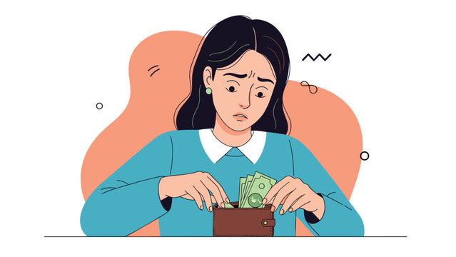 Worried woman looks into her empty brown leather wallet with concern while facing financial difficulties or money problems.