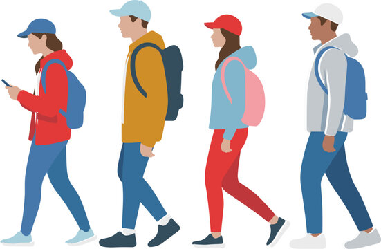 People walking vector illustration set students with backpacks urban lifestyle modern flat design isolated