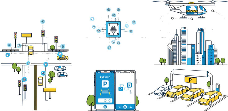 Smart city parking system concept with mobile app, sensors, autonomous cars, drone monitoring, and urban infrastructure illustration