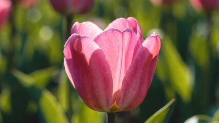 Obraz premium Pink tulip illuminated by sunlight in field of tulips