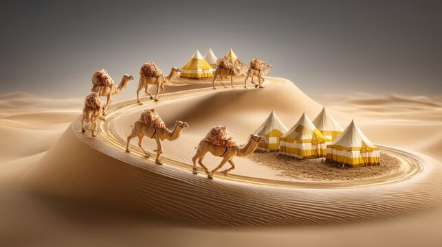 Caravan of Camels in a Desert Scene with Tents and Sand Dunes at Sunset