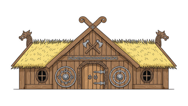 Traditional Viking longhouse with a thatched roof and intricate dragon carvings on the gables sits in a historical village setting.