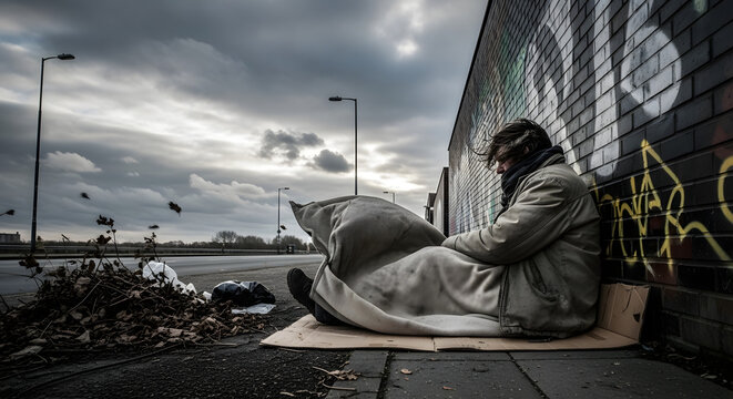 Homeless man wrapped in blanket sitting on city street under cloudy sky