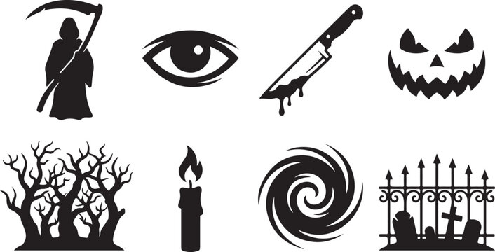 Halloween icons, spooky symbols, black silhouettes, creepy graphics, 8 vector elements