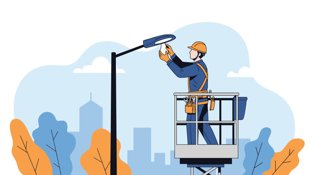 Professional electrician in a safety lift bucket replacing a bulb in a tall city street lamp against a blue sky.