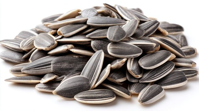 Clustered Sunflower Seeds with Split Shells on a White Background