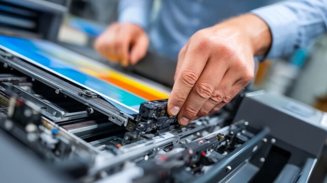 Male Hands Inserting Cartridge Into Large Format Printer for Refill Process