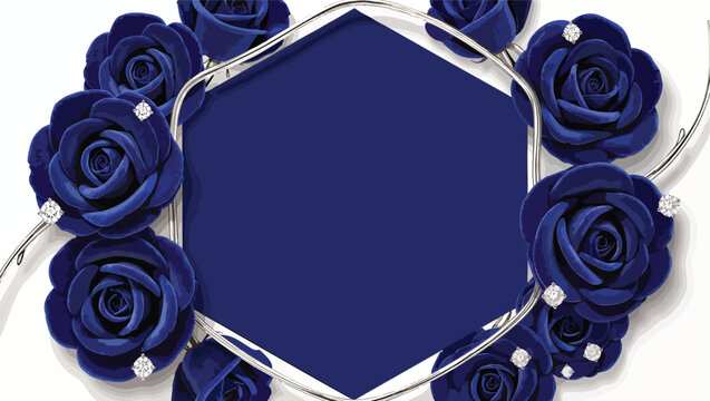Deep blue velvet roses with sparkling diamonds arranged around a silver hexagonal frame on a white background.