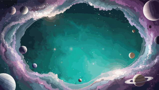 Cosmic nebula and planets in deep space with a central void for copy space forming.
