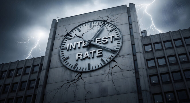 Cracked clock with interest rate text on building during lightning storm