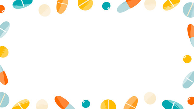 Medical pills and vitamins frame background with copy space for healthcare and wellness design