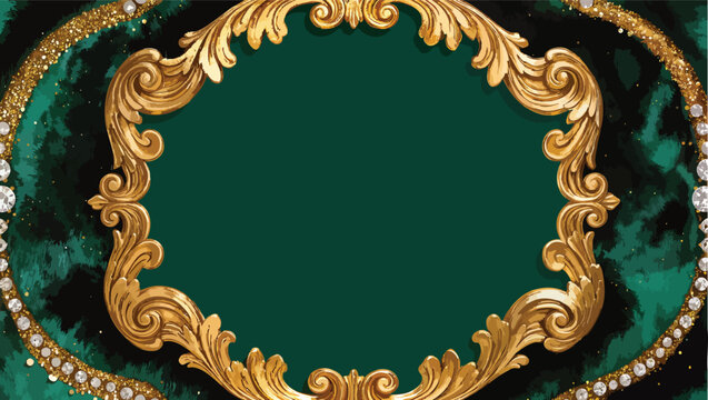 Ornate gold baroque frame with diamond and glitter accents on a swirling dark green background.