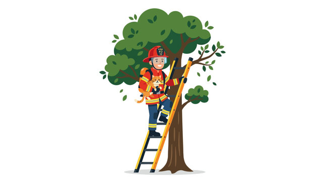 Firefighter climbing ladder to rescue cat from tree illustration