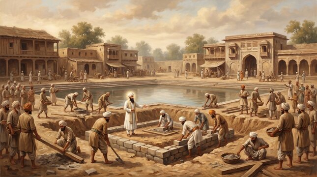 Historical Illustration of Sikh Volunteers Performing Kar Seva at a Sacred Pool
