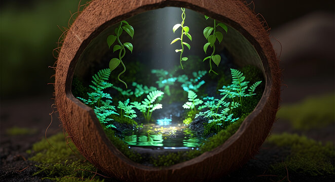 A glowing miniature tropical ecosystem inside a hollowed coconut shell sitting on mossy ground.