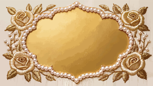 Oval golden frame embroidered with delicate white pearls and detailed golden roses and leaves on a pale background.