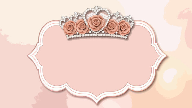 Pink princess crown frame with rose embellishments and soft watercolor background.