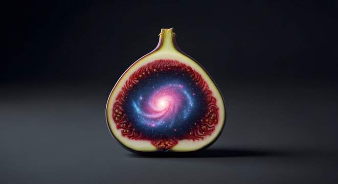 A halved fig reveals a vibrant galaxy inside its red and yellow pulp against a dark background.