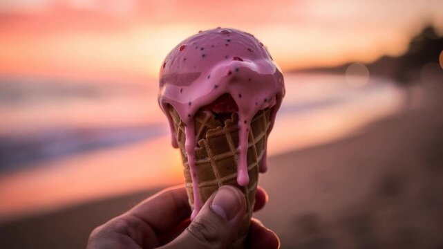 Close up of hand holding melting strawberry ice cream cone at the beach on a sunny day