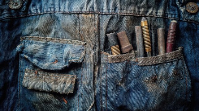 work overalls pockets tools stitching worn fabric industrial clothing authentic use natural light