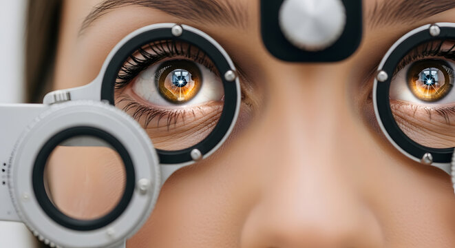 A close-up image of a person's eyes during an eye exam using a refractometer - an eye examination in ophthalmology. Generated with AI