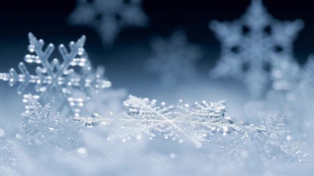 Close up of intricate snowflakes sparkling and forming in cold winter air nature beauty