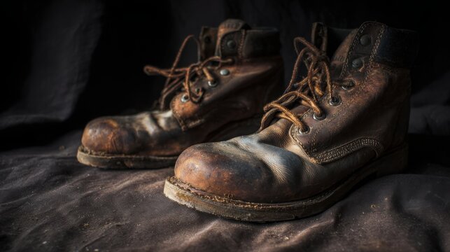 worn work boots leather dust scratches heavy sole texture construction site realism natural light gritty mood