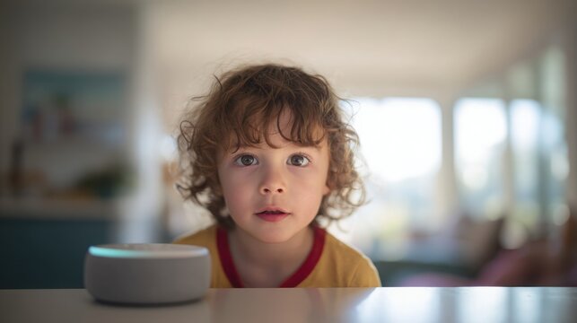 young child talking to smart speaker in kitchen, curious expression, modern family lifestyle, natural daylight, minimal interior, generation alpha