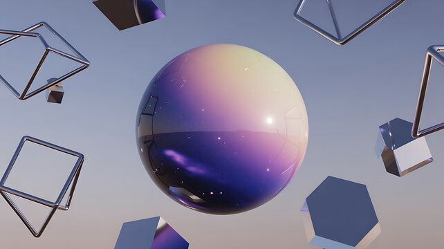Floating iridescent sphere surrounded by metallic geometric wireframe shapes on a soft grey ball