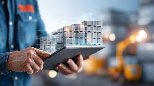 Construction Worker Holding Digital Tablet with 3D Design of Building Plans