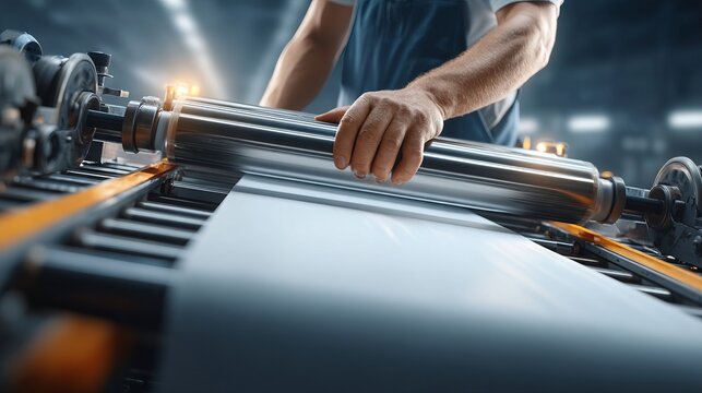 Male Operator Working on Large Industrial Printing Press Wheel