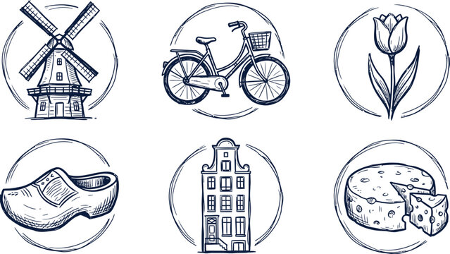 Dutch icons silhouette collection windmill bicycle tulip clogs and canal houses