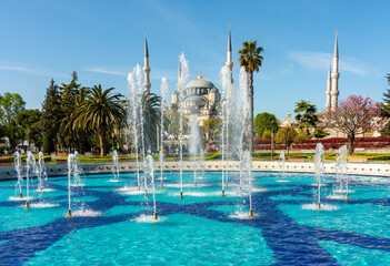 Naklejka premium Sultan Ahmed Blue mosque and fountain in Sultanahmet square, Istanbul, Turkey