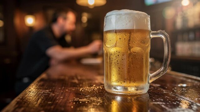 Frosty beer mug filled with golden beer and foam on rustic wooden bar background